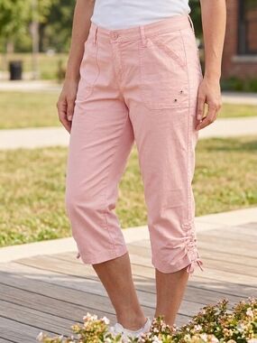 Lee Comfort Waistband Pink Capri Pants Size 12 Medium Ruched Hem Cargo Style